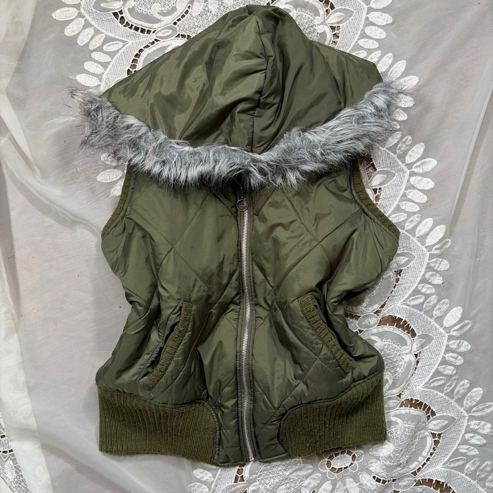 Y2K Fall Grunge XL Olive Green Quilted Puffer Vest Faux Fur Hood RN 63619
